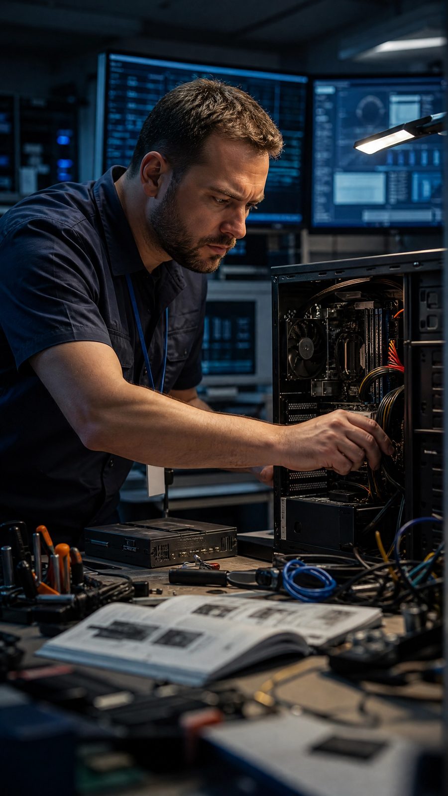 Técnico montando servidor e cabeamento de um sistema tradicional